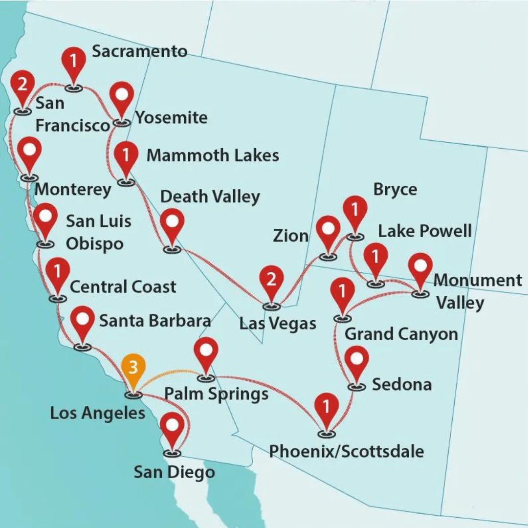 17 Day Wild West Discovery Tour Map 